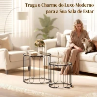 HOMCOM Conjunto de 2 Mesas de Apoio Tipo Ninho com Estrutura em Metal e Tampo de Vidro Ø50x50 cm e Ø40x40 cm Preto(m-5)