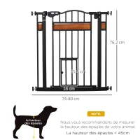 PawHut Barrière de sécurité pour animaux système de double verrouillage sans perçage 74 à 80 cm acier bois de pin noir(m-3)