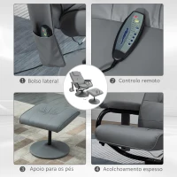 HOMCOM Poltrona de Massagem com Banco Poltrona Relax Giratório Reclinável 145° com 10 Pontos de Massagem 77x84x102 cm Cinza(m-6)
