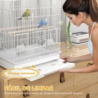 PawHut Gaiola para Pássaros de Aço com 2 Comedouros 2 Poleiros Baloiço e Bandeja Removível Pega 46,5x36x59 cm Branco(m-5)