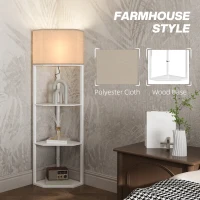HOMCOM Corner Floor Lamp with Shelves, Tall Standing Lamps for Living Room, with Pull Chain Switch Bulb not Included, White(m-5)