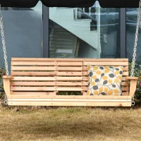Outsunny Banco Baloiço de 2-3 Lugares de Madeira com Mesa de Centro Dobrável e 2 Porta-copos para Jardim 150x75x53 cm Natural(m-10)