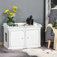 PawHut Wooden Cat Litter Box Enclosure Washroom Toilet Home Cabinet Kitty House Nightstand End Table Magnetic Door Adjustable Partition Board White(m-2)