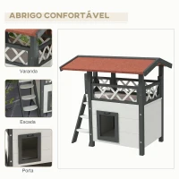 PawHut Casa para Gatos de Madeira 77x50x73cm Casa para Gatos com 2 Níveis com Teto Asfáltico Terraço Cercado Caverna e Escada Branco(m-4)