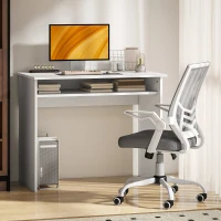 HOMCOM Home Office Furniture Set, Modern Computer Desk with Storage Shelf and Ergonomic Mesh Chair with Flip-Up Arms, Lumbar Support, Adjustable Height, Swivel Wheels, White and Grey(m-10)