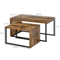 HOMCOM Juego de 2 Mesas de Centro, Mesa Nido Moderna, Mesitas Auxiliares, Marco de Metal, para Salón, Dormitorio, Grande 90x48x42 cm y Pequeña 59x42x36 cm, Marrón Rústico y Negro(m-3)