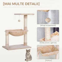 PawHut Turn pentru Pisici max. 3,6 kg cu Hamac și Minge Suspendată, din Lemn și Pluș, 50x36x70 cm, Bej(m-5)