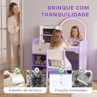 AIYAPLAY Penteadeira de Maquilhagem para Menina com Espelho LED de 2 Cores, Banco, Suportes para Joias, Gaveta e Compartimentos, Roxo(m-6)