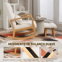 HOMCOM Poltrona de Baloiço com Apoio para os Pés Estofado em Bouclé com Almofada Acolchoada Encosto Ergonómico Apoios de Braços e Pés de Madeira 64,5x82x89 cm Branco(m-4)