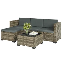 Outsunny Conjunto de Jardim em Vime de 5 Peças Inclui Almofadas 2 Poltronas de Canto Poltrona sem Braços Apoia-Pés e Mesa de Centro Cinza Escuro(m-11)