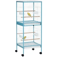 PawHut Grande Cage à Oiseaux sur Pied Double avec Mangeoires Perchoirs Plateau Amovible Roulettes 51,5 x 50 x 140 cm Bleu Clair(m-11)