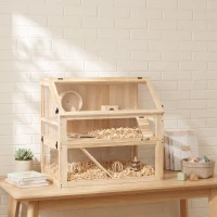 PawHut Hamsterkäfig aus Holz 3 Etagen Nagarium Nagerkäfig mit klappbarem Deckel Laufrad 80 x 50 x 76 cm Naturholz(m-8)