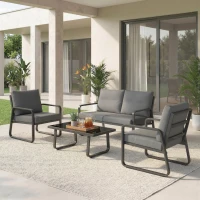 Outsunny 4 Piece Garden Furniture Set, Outdoor Sofa Set with Loveseat, 2 Armchairs, Coffee Table and Cushions(m-10)