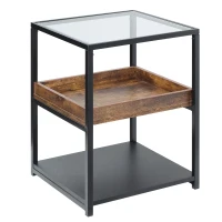 HOMCOM Industrial Side Table, 3-Tier End Table with Glass Top, Storage Shelves, Nightstand with Steel Frame for Bedroom, Living Room, Rustic Brown(m-1)