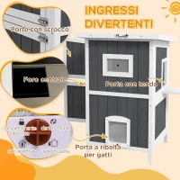 PawHut Cuccia per Gatti da Esterno in Legno a 2 Livelli con Tetto in Asfalto e 4 Porte, 60x60x90.5cm, Grigio(m-5)