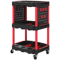 HOMCOM Gereedschapswagen, Drie Niveaus, 4 Wielen, Kunststof, 10 Haken, Zwart+Rood(m-10)