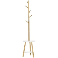 HOMCOM Cabide de Pé de Bambu 2 em 1 com 2 Prateleiras 5 Ganchos e Estrutura de Alumínio 39x5x39,5x71cm Madeira e Branco(m-12)