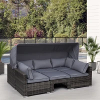 Outsunny Rattan Lounge Set, Sitzgruppe mit Sonnendach, Garten Loungegruppe, inkl. Kissen und Beistelltisch, Metall, Grau, 215 x 75 x 64 cm(m-2)