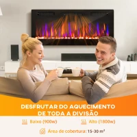 HOMCOM Lareira Elétrica Ultrafina de Parede e Embutir com Chama 3D Brilho/Velocidade Ajustável 12 Cores Pedras 900/1800W 106,7x9,4x47 cm Preto(m-7)