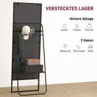 HOMCOM Passpiegel met industrieel design, achterplank, 2 haken en metalen frame, voor slaapkamer, 157 x 50 cm, zwart(m-5)