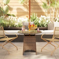 Outsunny Wicker Garden Rattan Table, Patio Furniture Outdoor Coffee Table with Umbrella Hole and Tempered Glass Top, Brown(m-10)