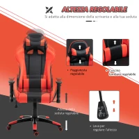 HOMCOM Sedia Gaming Professionale Girevole，Sedia da Ufficio Reclinabile con Sostegno Lombare e Collo PVC 67 x 67 x 123-132cm Nero-rosso(m-6)