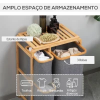 HOMCOM Cesto de Roupa de Bambu com 3 Bolsas de Tecido Amovíveis e Prateleira Aberta 50x32x69,7cm Cinza e Madeira(m-4)