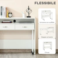 HOMCOM Tavolo Scrivania Salvaspazio per Camera e Ufficio, Scrivania con Cassetti e Ruote, Postazione di Lavoro Doppia o Singola, 100x36x88cm, Bianco(m-4)
