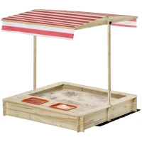Outsunny Caixa de Areia Infantil de Madeira com Teto Inclinável Ajustável em Altura e 2 Bandejas Auxiliares Caixa de Areia de Jardim para Crianças acima de 3 Anos 118x118x118cm Natural e Vermelho(m-12)