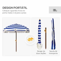 Outsunny Chapéu de Sol de Praia com Franjas Ø190x210 cm com Proteção UV40+ Resistente ao Vento Impermeável Bolsa de Transporte Azul e Branco(m-7)