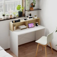 HOMCOM Secretária 110x50x102,6 cm Mesa de Escritório com 2 Compartimentos Abertos e Prateleira Branco e Madeira(m-2)