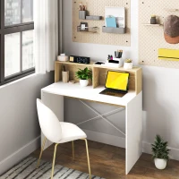 HOMCOM Secretária 110x50x102,6 cm Mesa de Escritório com 2 Compartimentos Abertos e Prateleira Branco e Madeira(m-10)