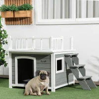 Pawhut Casetta per Cani con Terrazza Scaletta e Finestra 121x77x78cm Grigio chiaro(m-10)