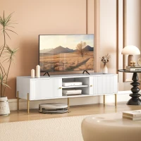 HOMCOM Meuble TV, meuble télé jusqu'à 65 pouces avec 2 portes, 2 compartiments ouverts, pieds en acier, 140x38x45,9cm, blanc(m-2)