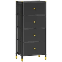 HOMCOM Cajonera de Tela con 4 Cajones Plegables con Frentes de PU y Marco de Acero Cajonera para Dormitorio Salón Negro(m-1)