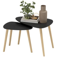HOMCOM Conjunto de 2 Mesas Auxiliares com Pés de Madeira Mesas de Café 59,5x39,5x45 cm e 44,5x28,5x40 cm  Preto(m-11)