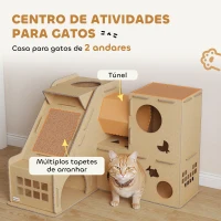 PawHut Casa para Gatos de Cartão em Forma de Castelo com 2 Níveis 3 Zonas de Arranhar Túnel e Rampa 78x66x57 cm Castanho(m-4)