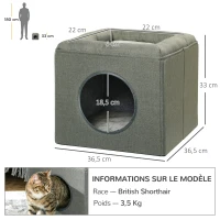 PawHut Maison niche pour chat 2 niveaux avec coussin moelleux en peluche - 36,5 x 36,5 x 33 cm gris(m-3)