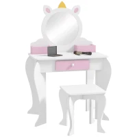 ZONEKIZ Tocador Infantil con Taburete y Espejo Tocador para Niñas con Cajón Compartimentos Diseño de Unicornio Blanco(m-1)
