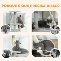 PawHut Arranhador para Gatos com Múltiplas Plataformas Cama 2 Cavernas Rede Escada Postes de Sisal 48x48x160 cm Cinzento Claro(m-8)