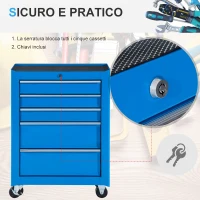 HOMCOM Carrello Porta Attrezzi con 5 Cassetti, Tappetini in EVA, Carrello Officina Portautensili con Serratura e 2 Chiavi, 4 Ruote Girevoli (2 con Freno), Maniglia, in Acciaio per Garage, Blu(m-4)