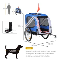 PawHut Remorque vélo pour chien animaux 8 réflecteurs drapeau barre attelage inclus 130 x 73 x 90 cm blanc et bleu(m-3)