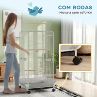 PawHut Gaiola para Pássaros Gaiola para Papagaios com Rodas Poleiros Comedouro e Bandeja Amovível 79x73x146 cm Cinza Claro(m-8)