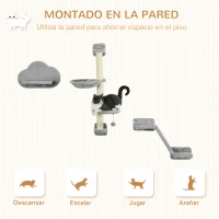 PawHut Juego de Pared de Escalada para Gatos de 3 Piezas con Hamaca Rampa con Rascador Plataforma en Forma de Nube Gris(m-4)