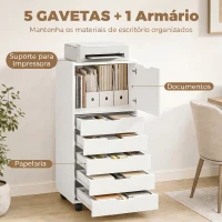 HOMCOM Gaveteira de Escritório com 5 Gavetas, Armário com Fecho Suave, Rodas e Suporte para Impressora, Branco(m-4)