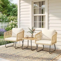 Outsunny Rattan Bistroset 3-delig FSC Tuinmeubelset met 2 Fauteuils, Latten Houten Tafel, Dikke Wasbare Kussens, Stalen Frame(m-2)
