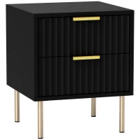 HOMCOM Table de chevet, table de nuit cannelée avec 2 tiroirs et pieds en acier, pour chambre à coucher, salon, noir(m-1)