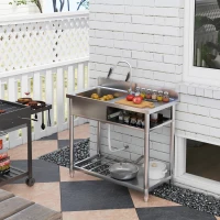 HOMCOM Outdoor Stainless Steel Kitchen Sink, Freestanding Sink Single Bowl with Cold and Hot Water Pipe and Storage Shelves(m-2)