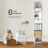 HOMCOM 6-Tier Bookcase, Tall Narrow Bookshelf with Drawer and Door - White(m-4)