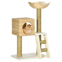 PawHut Krabpaal met Kattenhuis, Sisal Krabpalen, Wasbare Kussens, 100,5H x 57L x 37B cm, Wit/Natuur(m-14)